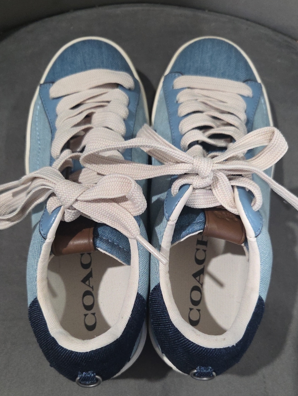 Coach C101 Light Denim and Navy Low-Top Sneakers with Leather Trim